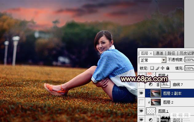 Photoshop调制出暗红霞光色草坪上人物图片26