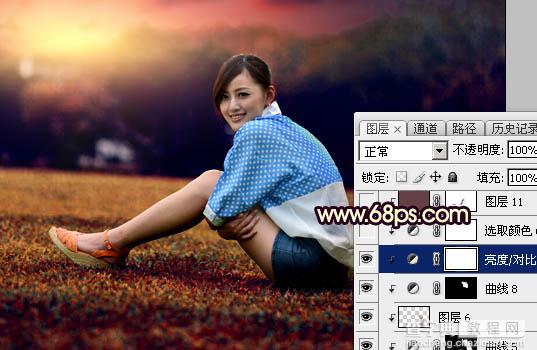 Photoshop调制出暗红霞光色草坪上人物图片40